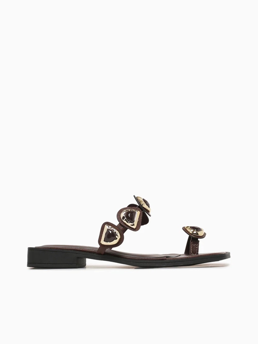 Brown Studded Toe-Ring Slide Sandal with Gold Accents